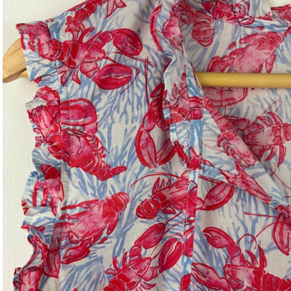 Talbots Lobster Sleeveless Cotton Blouse Large Coastal Nautical Ruffle Neck - Picture 5 of 9